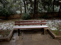 A snow covered a bench In Athens, Greece, on February 15, 2021. The snowfall called 'Medea' showed up in the area of Zografou in Athens, Gre...