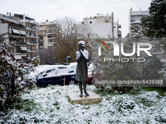 A snow covered sculpture In Athens, Greece, on February 15, 2021. The snowfall called 'Medea' showed up in the area of Zografou in Athens, G...