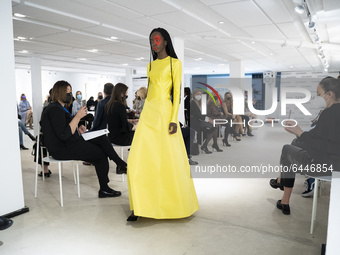 A model walks the runway during the 'Relieve' fashion show at the White Lab Gallery on February 17, 2021 in Madrid, Spain.  (