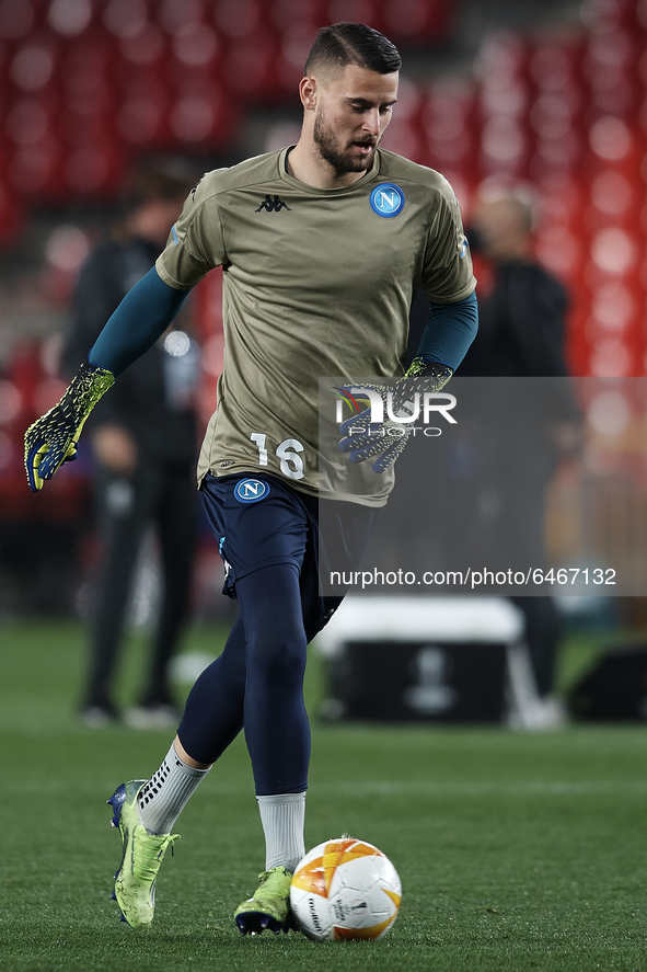 Nikita Contini of Napoli during the warm-up before the UEFA Europa League Round of 32 match between Granada CF and SSC Napoli at Estadio Nue...