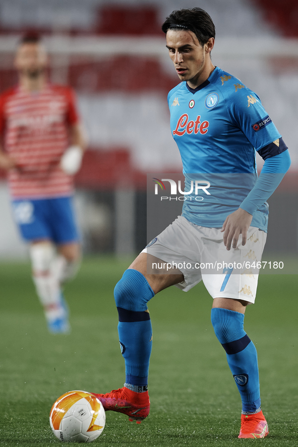 Eljif Elmas of Napoli controls the ball during the UEFA Europa League Round of 32 match between Granada CF and SSC Napoli at Estadio Nuevo l...
