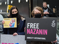LONDON, UNITED KINGDOM - MARCH 08, 2021: Amnesty International activists protest outside the Embassy of Iran in London for an immediate rele...