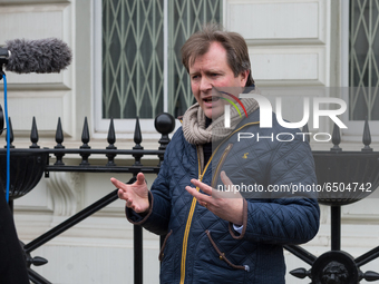 LONDON, UNITED KINGDOM - MARCH 08, 2021: Richard Ratcliffe speaks to the media during protest outside the Embassy of Iran in London calling...