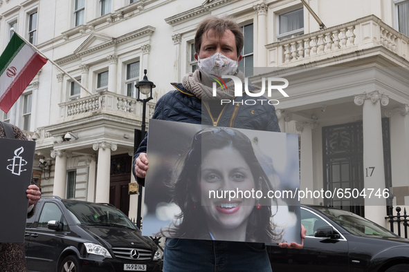 LONDON, UNITED KINGDOM - MARCH 08, 2021: Richard Ratcliffe protests outside the Embassy of Iran in London calling for an immediate release o...