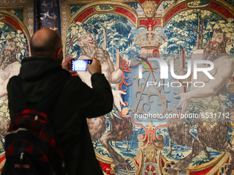 The major exhibition 'All the King’s Tapestries: Homecomings 2021-1961-1921' is presented at the Wawel Royal Castle in Krakow, Poland on Mar...