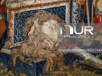 Head of Goliath scene is seen on a fragment of a tapestry at the major exhibition 'All the King’s Tapestries: Homecomings 2021-1961-1921' pr...