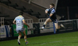 Tom Penny of Newcastle Falcons acrobatically takes a cross kick to set up another Falcons...