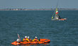 Members of the 49er Team Poland sailing in Dublin Bay seen from the West Pier in Dun Laogh...