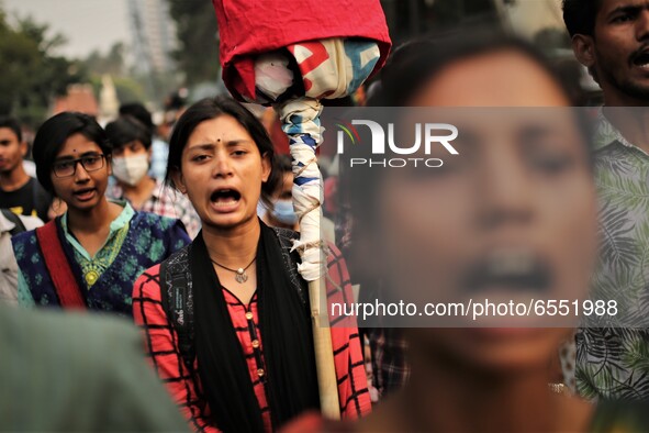 Demonstrators take part in a protest against the upcoming visit of Indian Prime Minister Narendra Modi to Bangladesh to attend the golden ju...