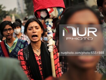 Demonstrators take part in a protest against the upcoming visit of Indian Prime Minister Narendra Modi to Bangladesh to attend the golden ju...