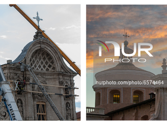 (EDITORS PLEASE NOTE: COMPOSITE IMAGE) This composite image shows the rebuilt Santa Maria del Suffragio Church in L'Aquila (Left - Picture t...