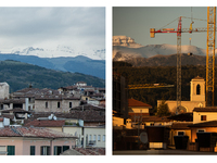 (EDITORS PLEASE NOTE: COMPOSITE IMAGE) This composite image shows buildings and towers cranes in L'Aquila (Left - Picture taken on May 4, 20...