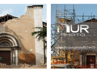 (EDITORS PLEASE NOTE: COMPOSITE IMAGE) This composite image shows the church of San Francesco di Paola in L'Aquila (Left - Picture taken on...