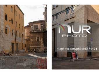 (EDITORS PLEASE NOTE: COMPOSITE IMAGE) This composite image shows a rebuilt building in L'Aquila (Left - Picture taken on May 4, 2009) - (Ri...