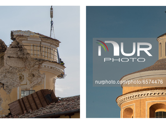 (EDITORS PLEASE NOTE: COMPOSITE IMAGE) This composite image shows the rebuilt dome of Santa Maria del Suffragio Church in L'Aquila (Left - P...