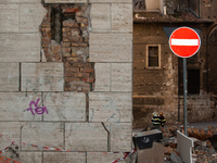 A view of a collapsed building in L'Aquila, Italy on May 4, 2009. On April 6th, 2009, a violent earthquake destroyed lots of buildings and c...