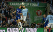 David Luiz of Chelsea battling with Sergio Aguero of Manchester City during the Carabao Cu...