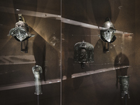 Gladiator helmets at the exhibition ''Gladiatori'' (Gladiators), at the Archaeological Museum of Naples, Italy, on April 1, 2021.
The exhib...