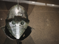 A Gladiator helmet at the ''Gladiatori'' (Gladiators) exhibition at the Archaeological Museum of Naples, Italy, on April 1, 2021.
The exhib...