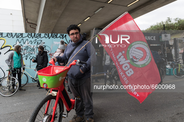 LONDON, UNITED KINGDOM - APRIL 07, 2021: Deliveroo riders stage a strike action over pay, rights and working conditions outside Shoreditch H...