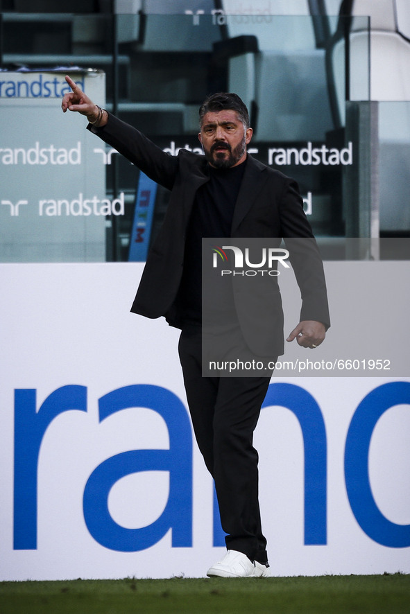 Napoli coach Gennaro Gattuso gestures during the Serie A football match n.3 JUVENTUS - NAPOLI on April 07, 2021 at the Allianz Stadium in Tu...