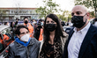 Far-right party Vox spokesperson at the parliament Macarena Olona (C) poses during the pre...