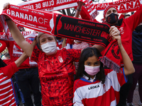 Supporters of Granada CF cheering up the team before the UEFA Europa League Quarter Final leg one match between Granada CF and Manchester Un...