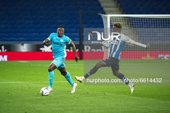 Landry Dimata and Kenneth Omeruo during the match between RCD Espanyol and FC Fuenlabrada, corresponding to the week 32 of the Liga Smartban...