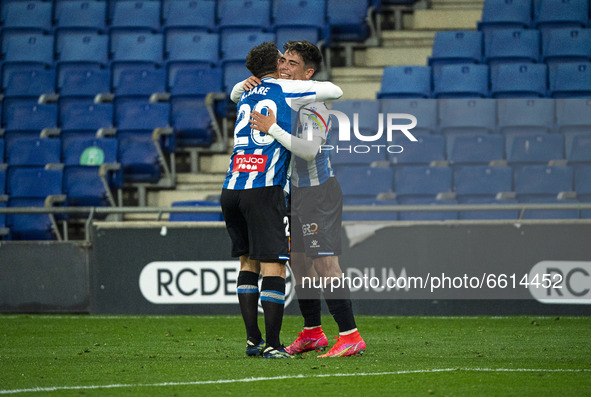 Nico Melamed and Keidi Bare celebration during the match between RCD Espanyol and CD Leganes, corresponding to the week 34 of the Liga Smart...
