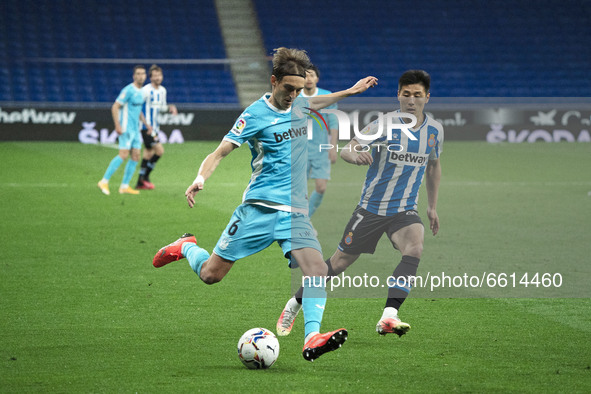 Wu Lei and Sergio Gonzalez during the match between RCD Espanyol and FC Fuenlabrada, corresponding to the week 32 of the Liga Smartbank, pla...