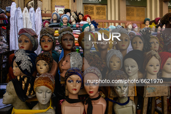 Different turban on display for sales at the entrance of the Lagos Central Mosque (Lagos Island) located along the busy Nnamdi Azikiwe Stree...
