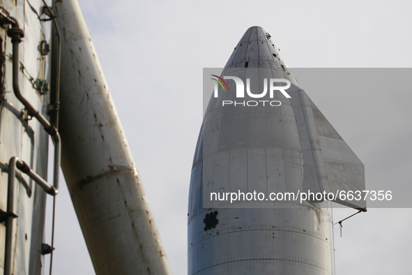 Starship SN15 seen behind Starhopper at SpaceX's South Texas Launch Site in Boca Chica, Texas on April 19th, 2021.  