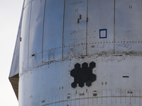 Starship SN15 has many small clusters of heat resistant test tiles as seen at SpaceX's South Texas Launch Site in Boca Chica, Texas on April...