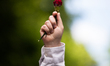 People march holding up red carnations and the Portuguese flag to commemorate the annivers...