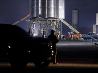 A security guard blocks the entrance to Starship SN15's launch pad on the evening on April 25th, 2021 at SpaceX's South Texas Launch Site in...