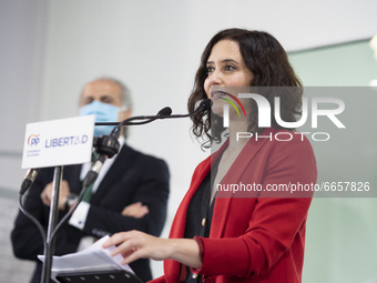 The president of the Community of Madrid and PP candidate for re-election, Isabel Diaz Ayuso, during the presentation of the party's social...