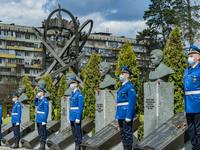 Ceremonial soldier guards the memorial site about the Chernobyl catastrophe during the celebrations in Kiev, Ukraine, on April 26, 2021 of t...