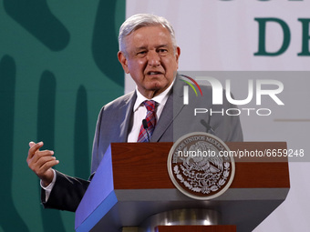Mexico's President Andres Manuel Lopez Obrador speaks about COVID-19 vaccination program around the world during his daily morning press con...