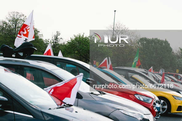 genereal view of Drive in labor day rally organized by DGB in Duesseldorf, Germany on May 1, 2021 