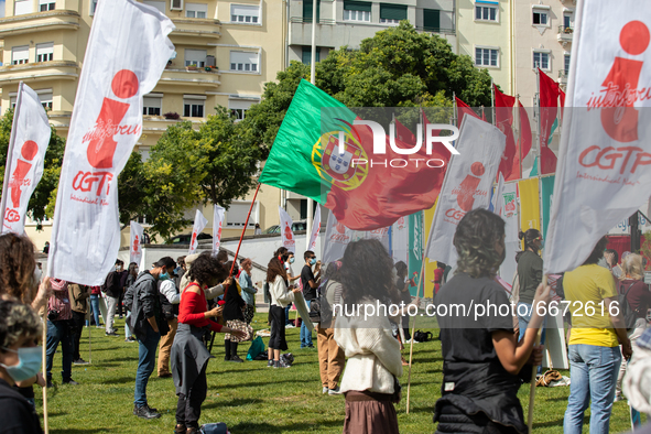 People holding placards and a Portuguese flags during the International Worker's Day, on May 1, in Lisbon, Portugal.
International Worker's...