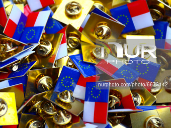Pins with Polish and EU flags are seen during the celebration of 17-year of Polish membership in the European Union. Krakow, Poland on May 1...