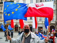 People celebrate 17-year of Polish membership in the European Union. Krakow, Poland on May 1st, 2021. Despite of the coronavirus pandemic an...