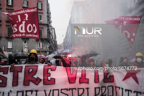 A moment of the workers and unemployed protest as they march in Naples, May 1, 2021. Workers and unemployed march in Naples on 1 May during...