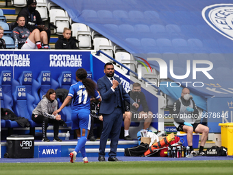  Leicester City Women manager Jonathan Morgan gestures during the FA Women's Championship match between Leicester City and Charlton Athletic...