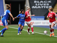  Lois Heuchan (second from right) of Charlton Athletic battles for possession with Lachante Paul of Leicester City during the FA Women's Cha...