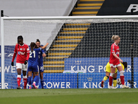 Natasha Flint of Leicester City celebrates with teammates after scoring the opening goal of the match during the FA Women's Championship ma...