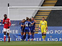  Natasha Flint of Leicester City celebrates with teammates after scoring the opening goal of the match during the FA Women's Championship ma...