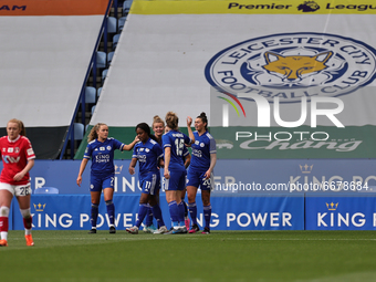  Hannah Cain (obscured) of Leicester City celebrates with teammates after scoring her sides second goal of the match during the FA Women's C...
