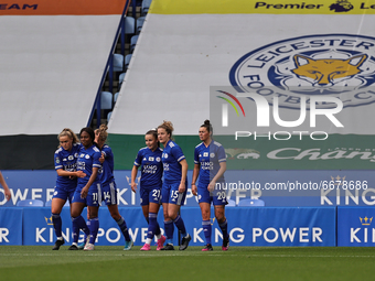  Hannah Cain of Leicester City celebrates with teammates after scoring her sides second goal of the match during the FA Women's Championship...