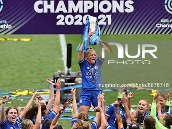  Leicester City Women celebrate as Millie Farrow of Leicester city lifts the Womens Championship trophy during the FA Women's Championship m...